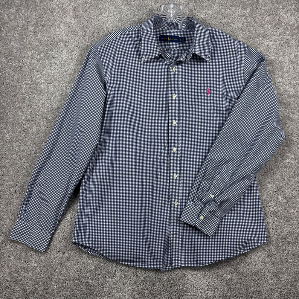 Ralph Lauren Mens XL Navy Blue Gingham Check Button Down Shirt Pink Pony